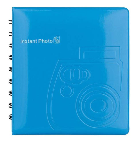 Fotoalbum voor 64 foto's van Instax Mini 8, 9 en 11, blauw met camera-opdruk, vooraanzicht