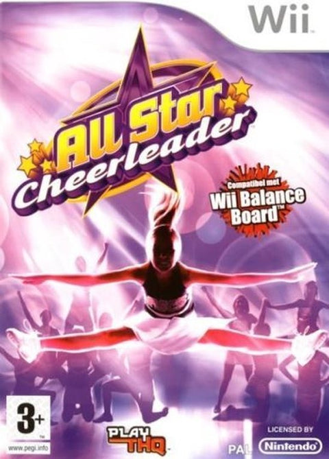 Nintendo Wii All Star Cheerleader van THQ, doos voorkant met cheerleader in spreidsprong, tweedehands