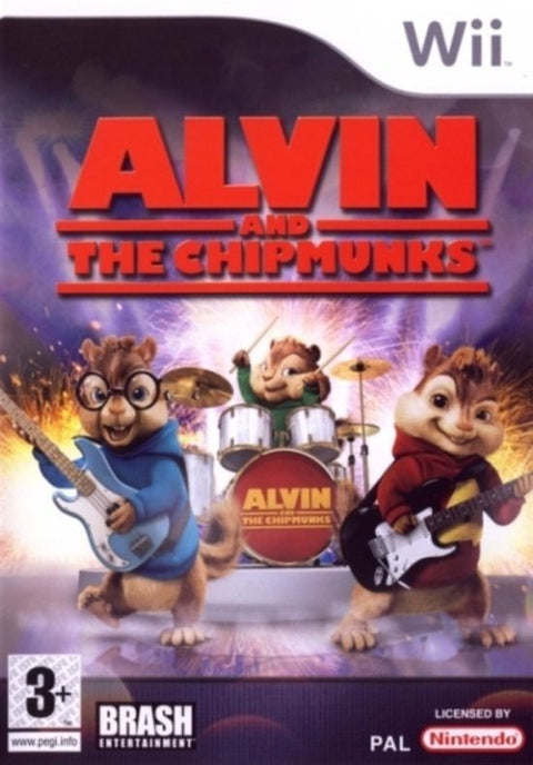Nintendo Wii Alvin and the Chipmunks van Brash, doos voorkant met drie Chipmunks met gitaren en drumstel, tweedehands