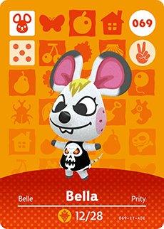 Nintendo amiibo-kaart Animal Crossing Bella nummer 069 serie 1, voorkant met witte muis in doodskopshirt, tweedehands