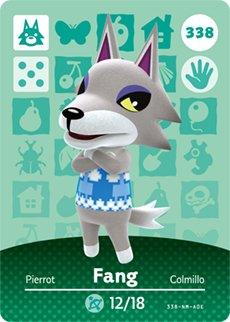 Nintendo amiibo kaart Animal Crossing Series 4 nr 338 Fang, groene kaart met grijze wolf Fang in blauw-witte trui