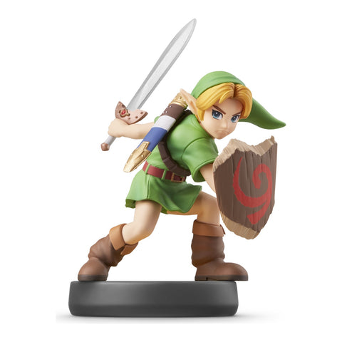 Nintendo amiibo Young Link nr. 70 Super Smash Bros.-serie, figuur met zwaard en houten schild op zwarte voet, tweedehands