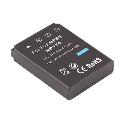 Accu voor Fujifilm NP-85 en NP-170, 1700 mAh, zwarte accu schuin met opdruk Fits FUJ.NP85 NP170