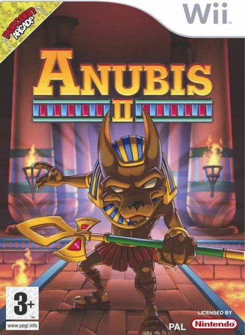 Nintendo Wii Anubis II van Popcorn Arcade, doos voorkant met Anubis met speer in een tempel, tweedehands
