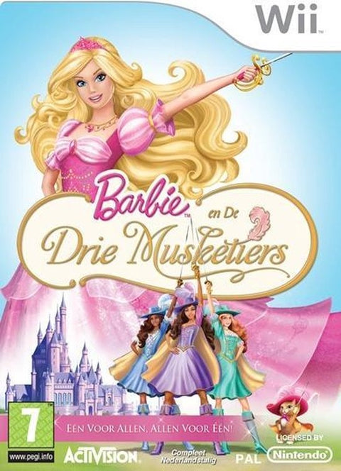 Nintendo Wii Barbie en de Drie Musketiers van Activision, doos voorkant met Barbie met degen en kasteel, tweedehands
