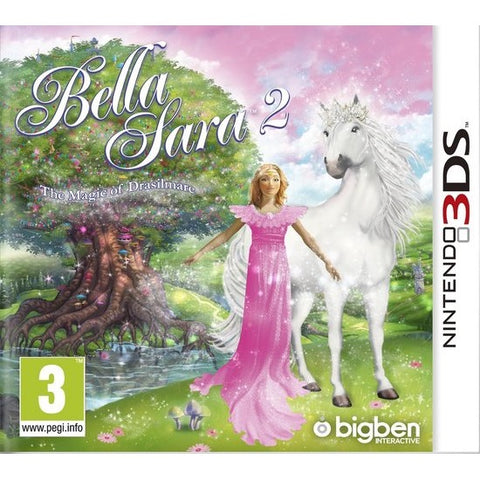 Nintendo 3DS Bella Sara 2 The Magic of Drasilmare van Bigben, doos voorkant met een prinses en een wit paard