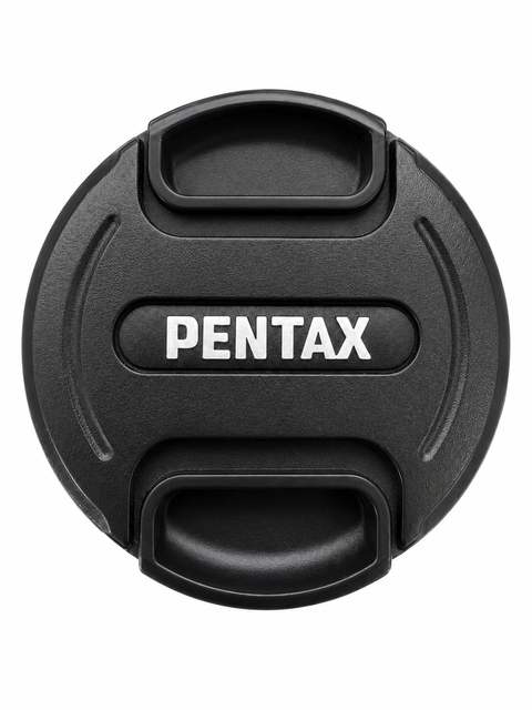Pentax lensdop 52mm, zwart met wit Pentax-logo en knijpgrepen in het midden, voorkant