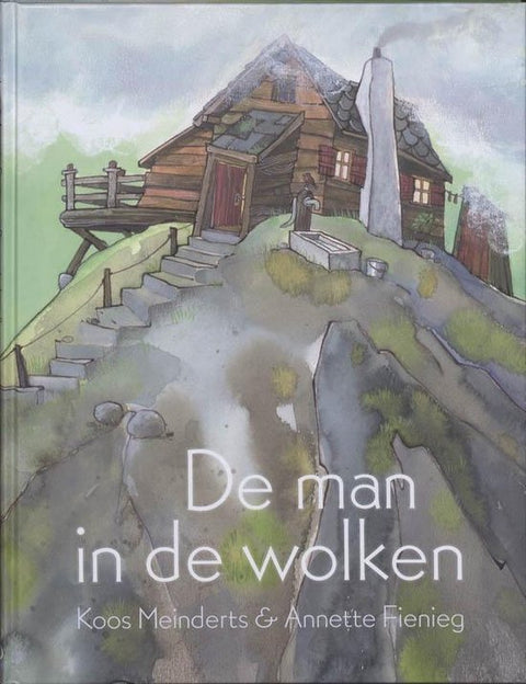 De man in de wolken, Koos Meinderts en Annette Fienieg, prentenboek, boekomslag voorkant met huis op een bergtop, tweedehands