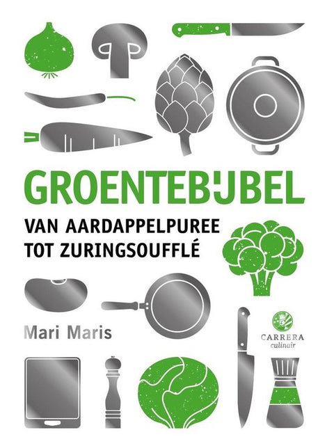 Groentebijbel, Mari Maris, Kookbijbels, boekomslag voorkant met groene en grijze groente-iconen, tweedehands