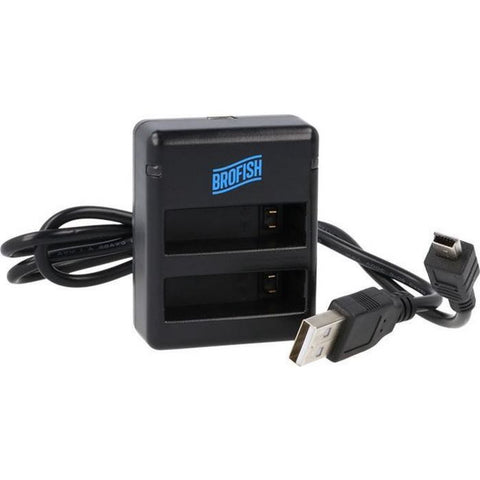 Brofish acculader voor GoPro HERO4-accu, zwart met twee sleuven, blauw Brofish-logo en USB-kabel