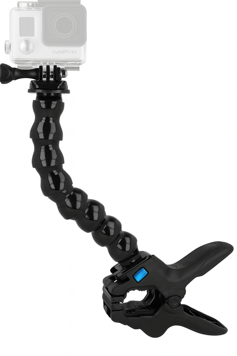 Brofish GoPro Flex Clamp Mount, zwarte klem met flexibele arm, met een vervaagd getekende GoPro in behuizing erop