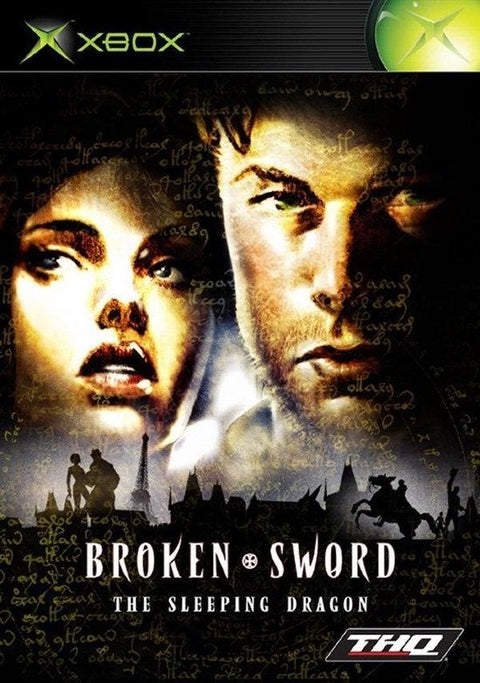 Xbox Broken Sword The Sleeping Dragon van THQ, doos voorkant met man en vrouw boven een stadssilhouet, tweedehands