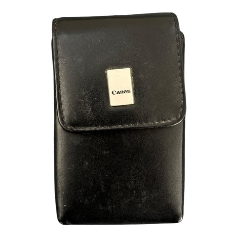 Canon compact camera case 10 x 6 cm, zwart, met klep en metalen Canon-plaatje, voorkant, tweedehands