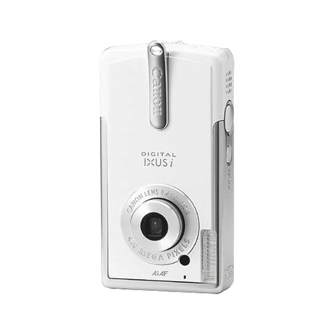 Canon Digital IXUS i digitale compactcamera, witte behuizing met zilverkleurige rand, voorkant
