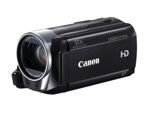 Canon Legria HF R306 digitale videocamera, zwart, voorkant schuin met 51x Advanced Zoom- en HD-opschrift