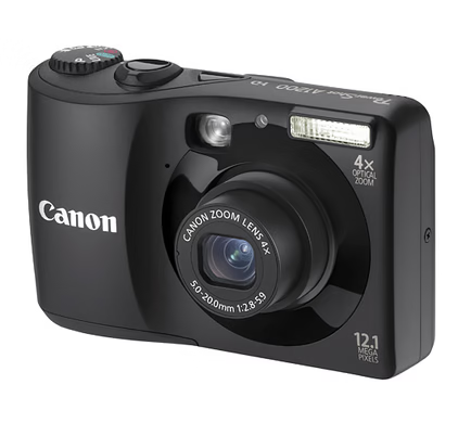 Canon PowerShot A1200 digitale compactcamera, zwart, schuin van voren met 4x zoomlens