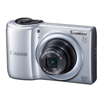 Canon PowerShot A810 digitale compactcamera, zilver, voorkant schuin met 5x zoomlens en 16 megapixel, tweedehands