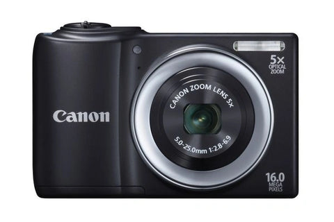 Canon PowerShot A810 compactcamera, zwart, voorkant met 5x zoomlens en opschrift 16.0 megapixels