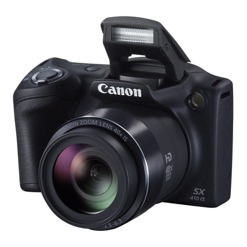 Canon PowerShot SX410 IS bridgecamera, zwart, schuin van voren met uitgeklapte flitser