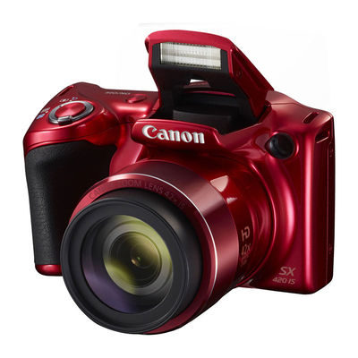 Canon PowerShot SX420 IS digitale bridgecamera, rood, voorkant schuin met 42x zoomlens en uitgeklapte flitser, tweedehands
