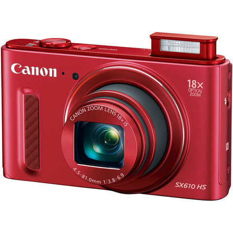 Canon PowerShot SX610 HS digitale compactcamera, rood, voorkant met uitgeklapte flitser