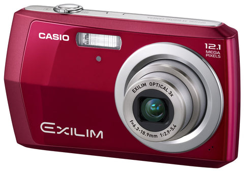 Casio Exilim EX-Z16 digitale compactcamera, rood, schuin vooraanzicht met 3x zoomlens, tweedehands