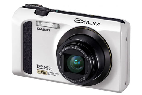 Casio Exilim HS EX-ZR310 digitale compactcamera, wit, schuin vooraanzicht met 12.5x groothoekzoomlens, tweedehands