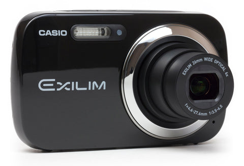 Casio Exilim EX-N5 compactcamera, zwart, schuin van voren met 6x zoomlens, tweedehands