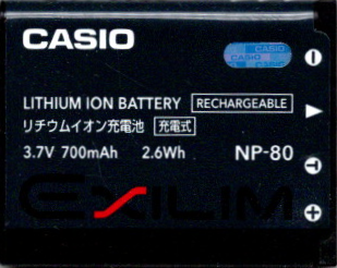Casio NP-80 accu, zwart etiket met Exilim-logo en opschrift NP-80 3.7V 700mAh, tweedehands