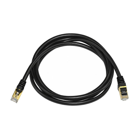 Zwarte ronde CAT8 netwerkkabel van 2 meter in een lus, met aan beide kanten een afgeschermde RJ45-stekker met goudkleurige metalen behuizing