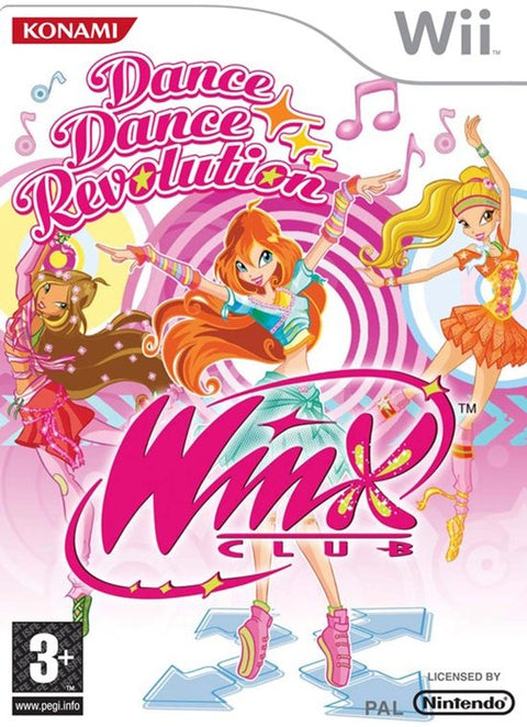 Nintendo Wii Dance Dance Revolution Winx Club van Konami, roze doos voorkant met dansende feeën, tweedehands
