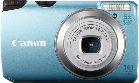 Canon PowerShot A3200 IS digitale compactcamera, blauw, voorkant met 5x zoomlens, tweedehands