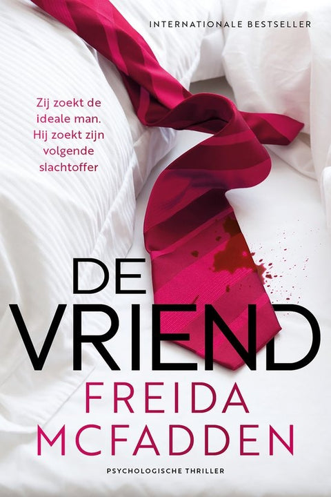 De vriend, Freida McFadden, boekomslag voorkant met rood lint op wit beddengoed, tweedehands