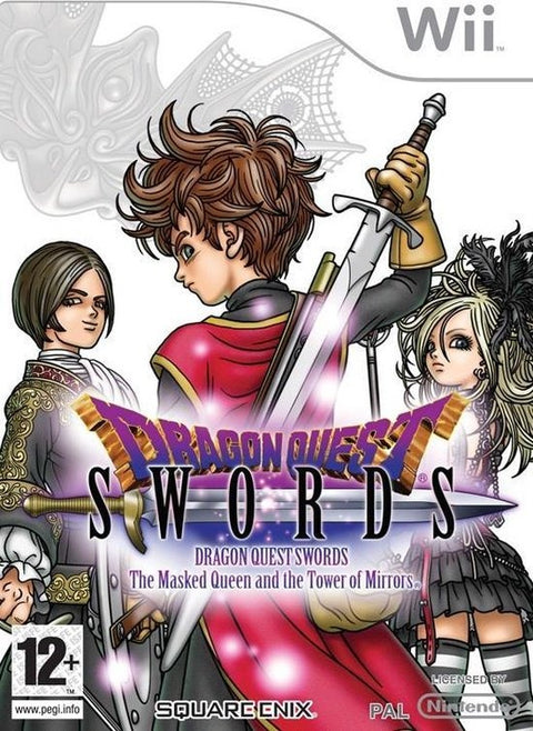 Nintendo Wii Dragon Quest Swords The Masked Queen and the Tower of Mirrors, doos voorkant met held met zwaard