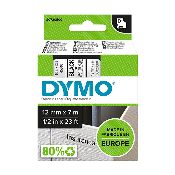 Dymo-45010 (S0720500) Tape Zwart op transparant (12 mm) (Nieuw)