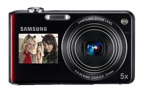 Samsung PL151 digitale compactcamera, zwart-rood, voorkant met extra schermpje naast de 5x zoomlens, tweedehands