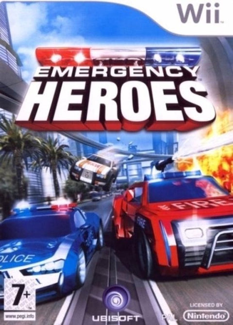 Nintendo Wii Emergency Heroes van Ubisoft, doos voorkant met politieauto en brandweerwagen in actie, tweedehands