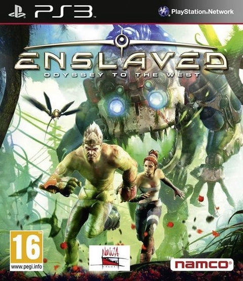 PlayStation 3 Enslaved Odyssey to the West van Namco, doos voorkant met man en vrouw op de vlucht voor een robot, tweedehands