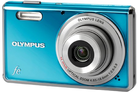 Olympus FE-4000 digitale compactcamera, blauw, voorkant met 4x-zoomlens, tweedehands