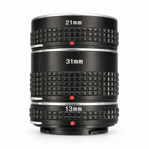 Extension tube set 13/21/31 mm voor Minolta MD/MC SR-mount, zwart, drie gestapelde tussenringen van voren, tweedehands