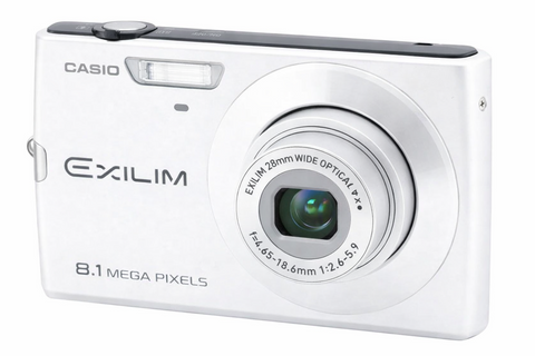 Casio Exilim EX-Z150 digitale compactcamera, wit, schuin vooraanzicht met 4x groothoekzoomlens, tweedehands