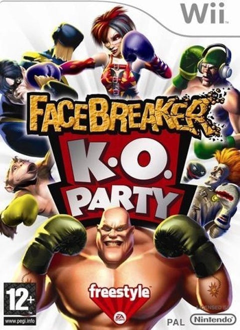 Nintendo Wii FaceBreaker K.O. Party van EA Sports, doos voorkant met karikaturale boksers, tweedehands