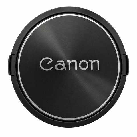 Canon vintage lensdop, zwart, ronde metalen dop met Canon-opschrift van voren