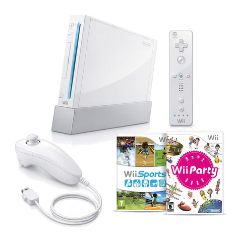 Nintendo Wii console, wit, met afstandsbediening, nunchuk, Wii Sports en Wii Party, tweedehands