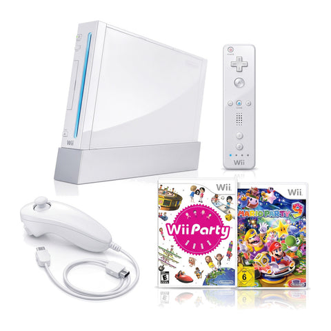 Nintendo Wii console, wit, met afstandsbediening, nunchuk, Wii Party en Mario Party 9, tweedehands
