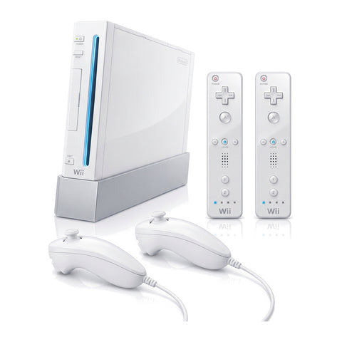 Nintendo Wii console, wit, met twee afstandsbedieningen en twee nunchuks, tweedehands