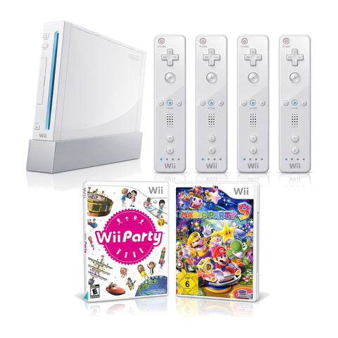 Nintendo Wii console, wit, met vier afstandsbedieningen, Wii Party en Mario Party 9, tweedehands