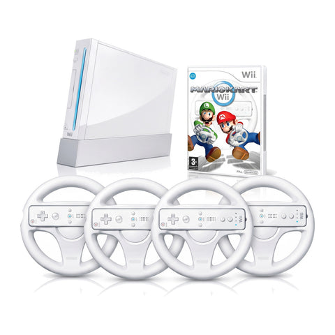 Nintendo Wii console, wit, met vier Wii Wheels en Mario Kart Wii, tweedehands