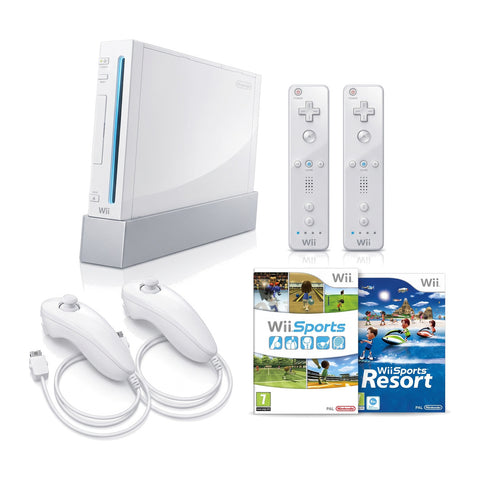 Nintendo Wii console wit, bundel met Wii Sports, Wii Sports Resort, twee remotes en nunchuk, tweedehands