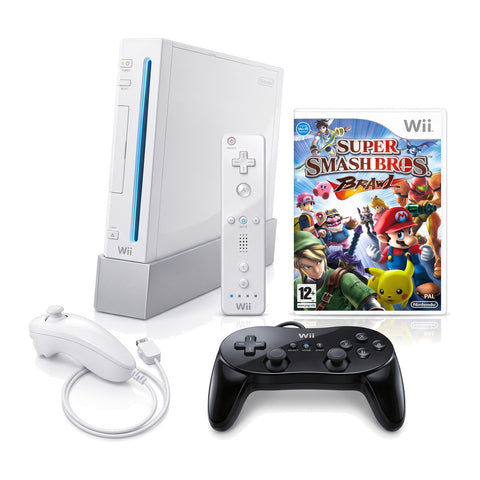 Nintendo Wii console wit met Super Smash Bros Brawl en Classic controller, overzicht van de bundel, tweedehands